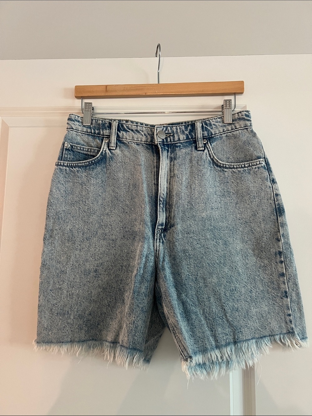 Lee Women’s High Rise Bermuda Denim Jean Shorts with Frayed Hem
